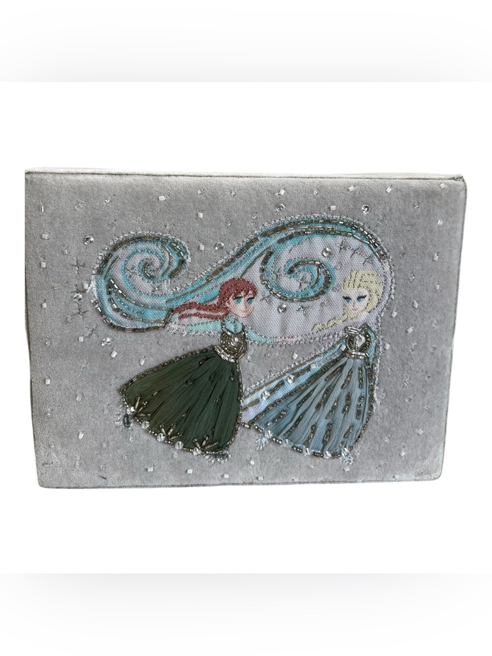 Pottery barn Disney Frozen Jewelry Box w/ Mirror Lined Gray Fabric Square 8 x 6